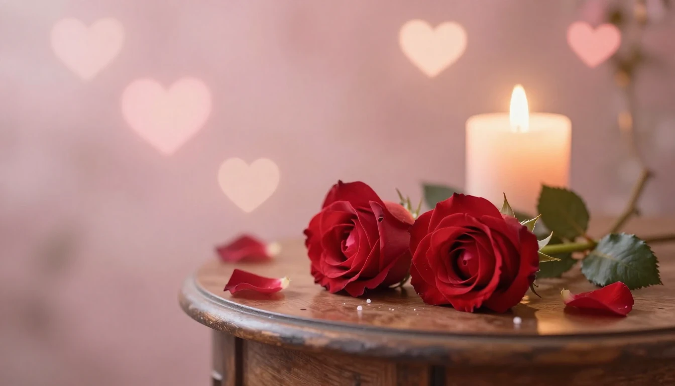 A dreamy and ethereal scene of two delicate red roses restin...