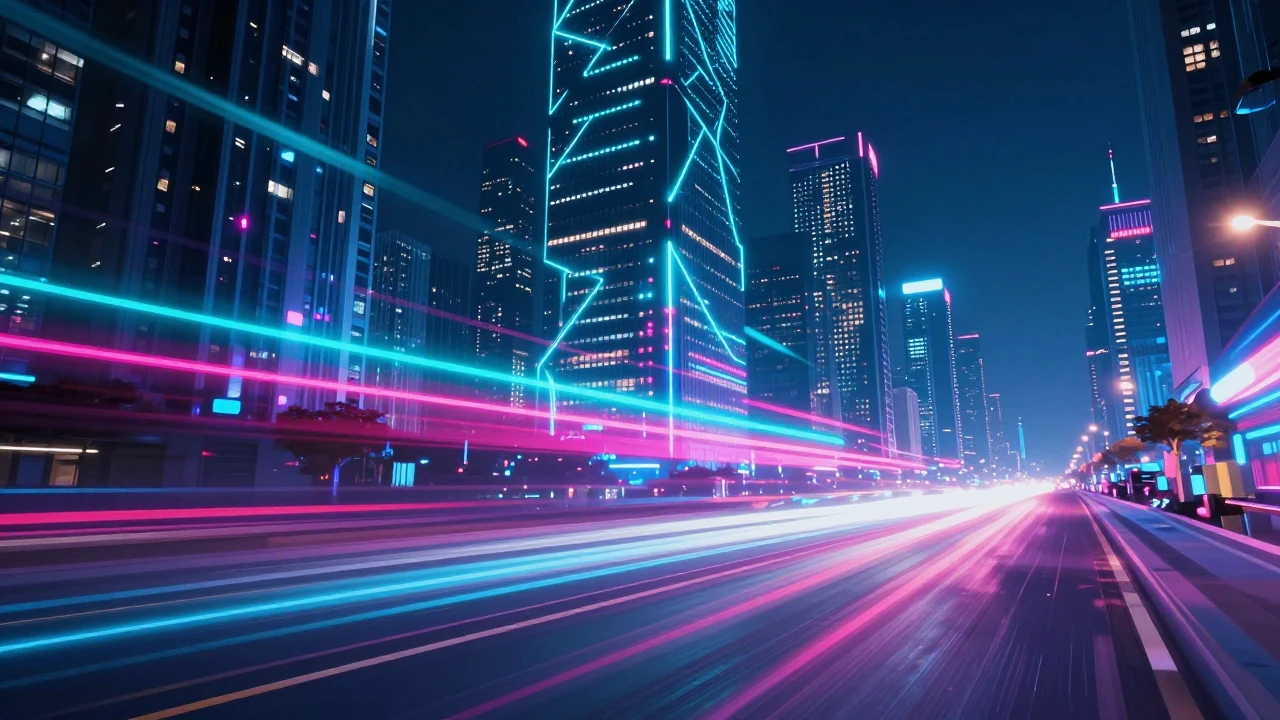 A futuristic cityscape at night viewed from a high-speed per...