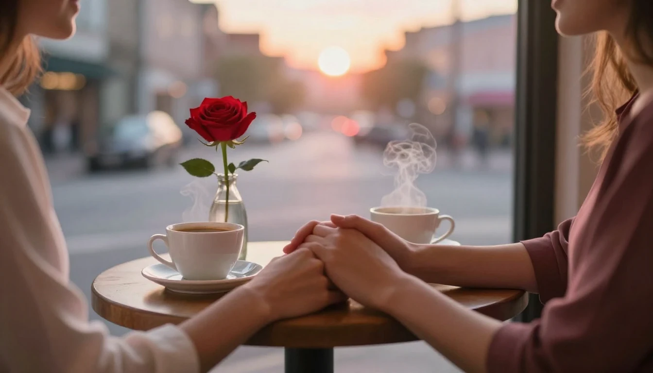 A romantic close-up scene of a couple holding hands over a s...