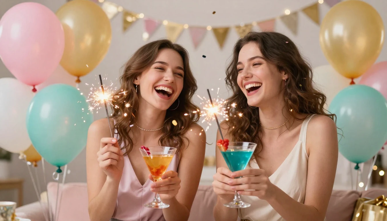 A vibrant and joyful scene celebrating friendship and a birt...