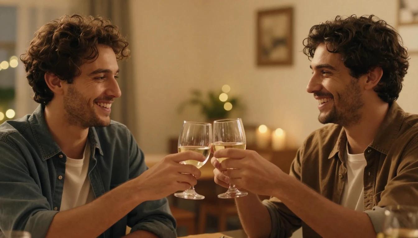 A high-quality cinematic shot of two male friends clinking g...