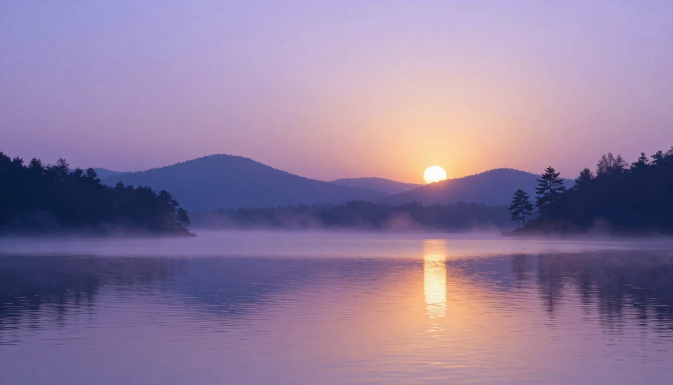 A tranquil landscape at dusk featuring a calm lake reflectin...