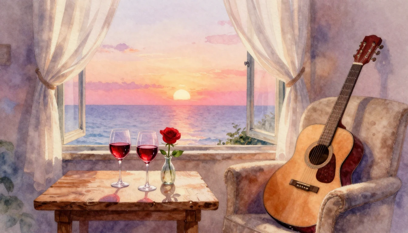 A soft and romantic watercolor painting depicting a cozy int...