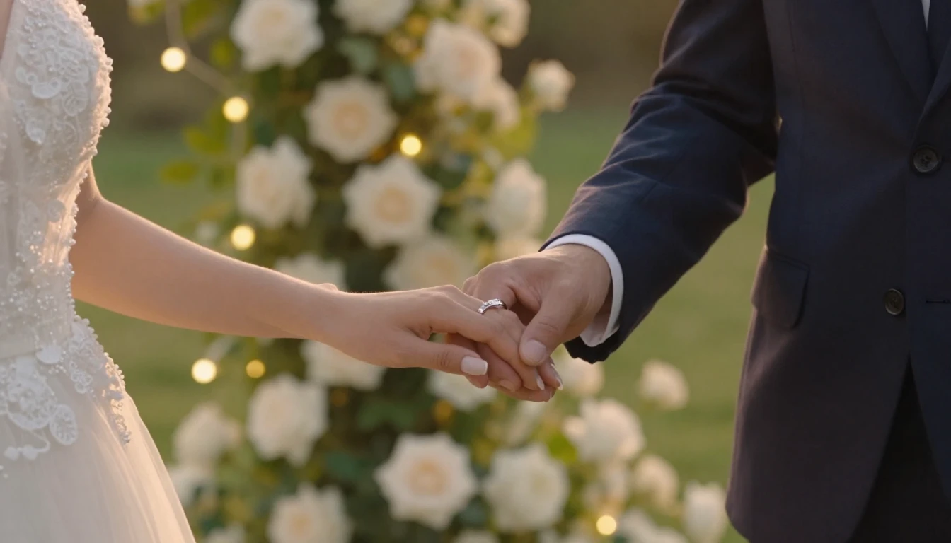 A romantic cinematic close-up of a bride and groom holding h...