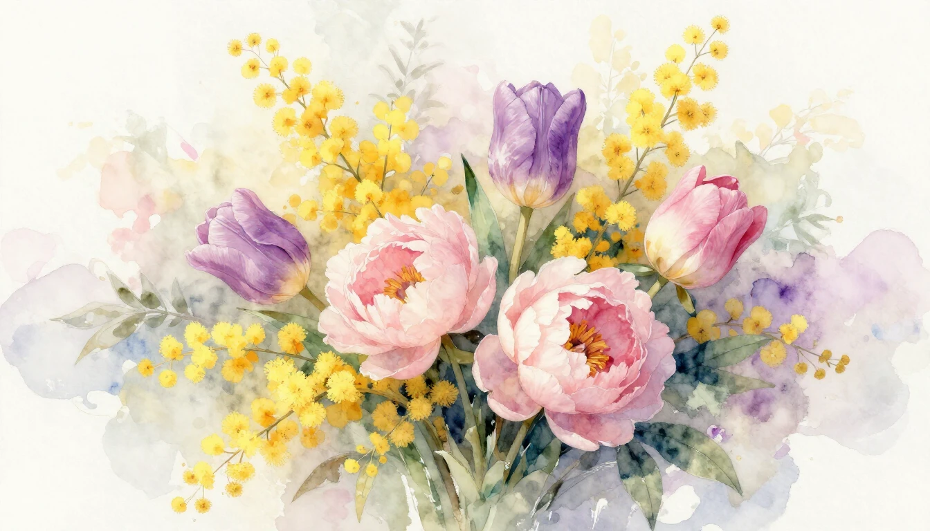 A beautiful watercolor painting of a delicate bouquet of spr...