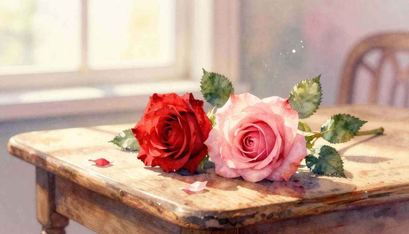 A delicate watercolor painting of two intertwined red and pi...