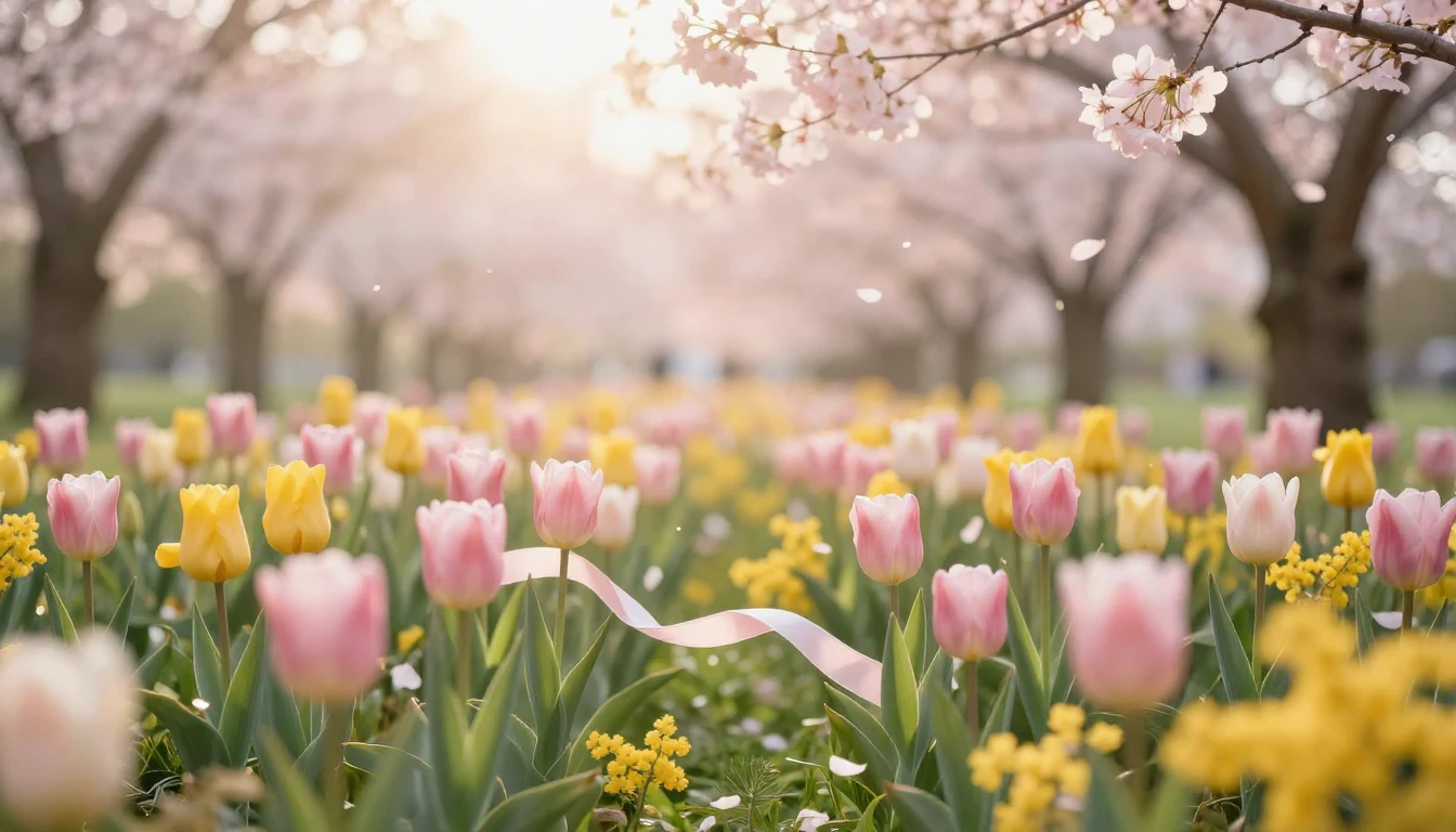 A breathtaking spring meadow filled with blooming tulips, mi...