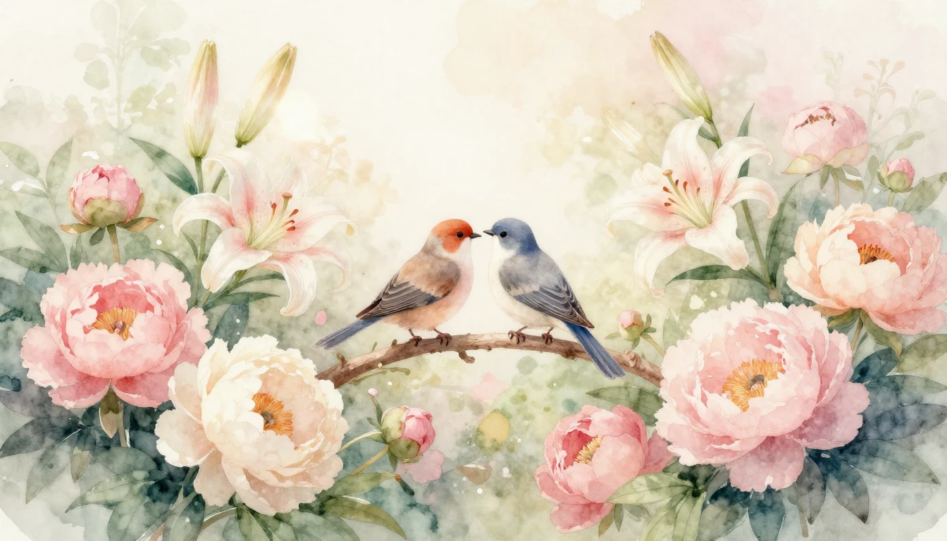 A soft and delicate watercolor painting depicting a blooming...