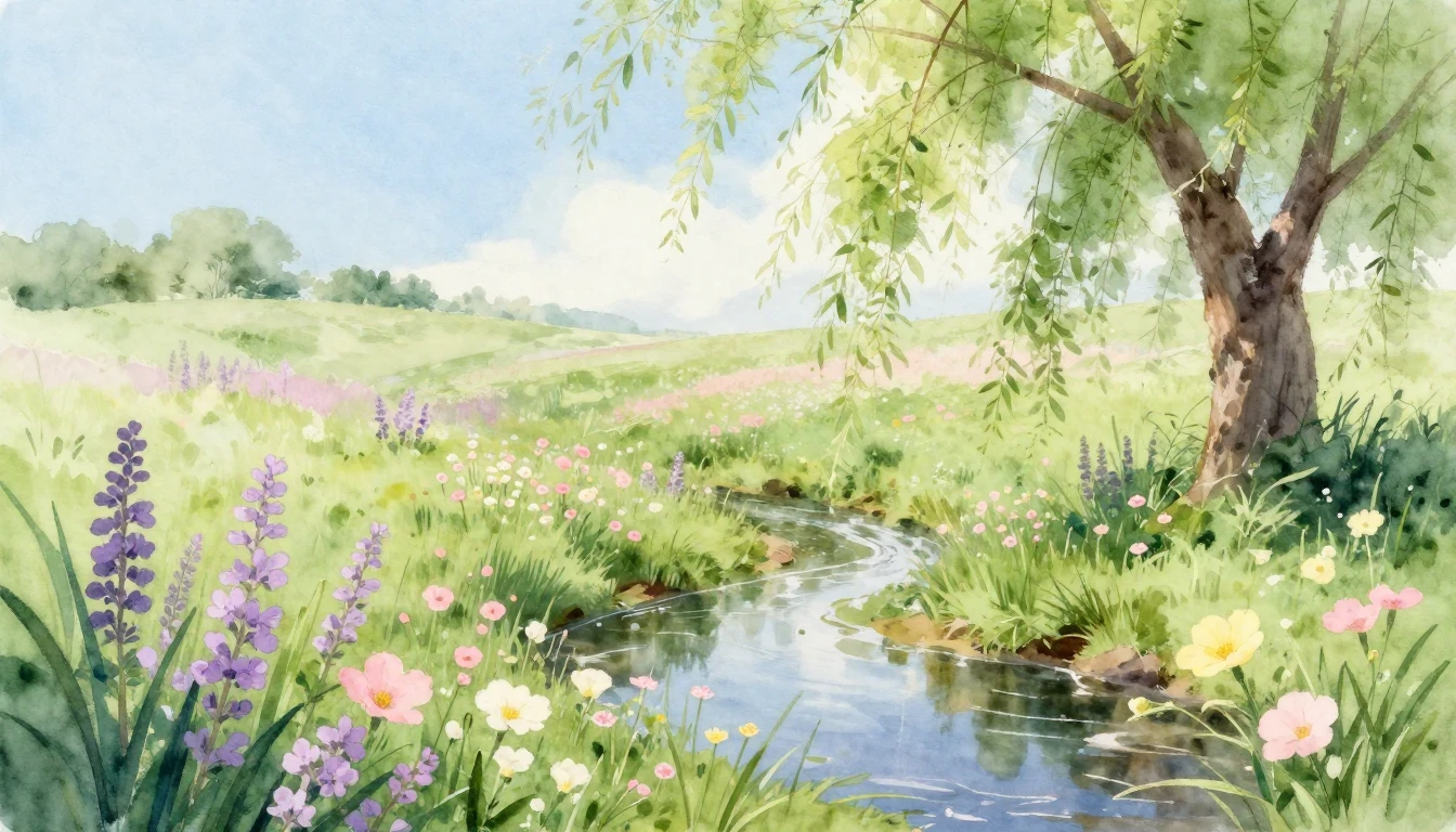 A breathtaking watercolor painting of a lush spring meadow f...