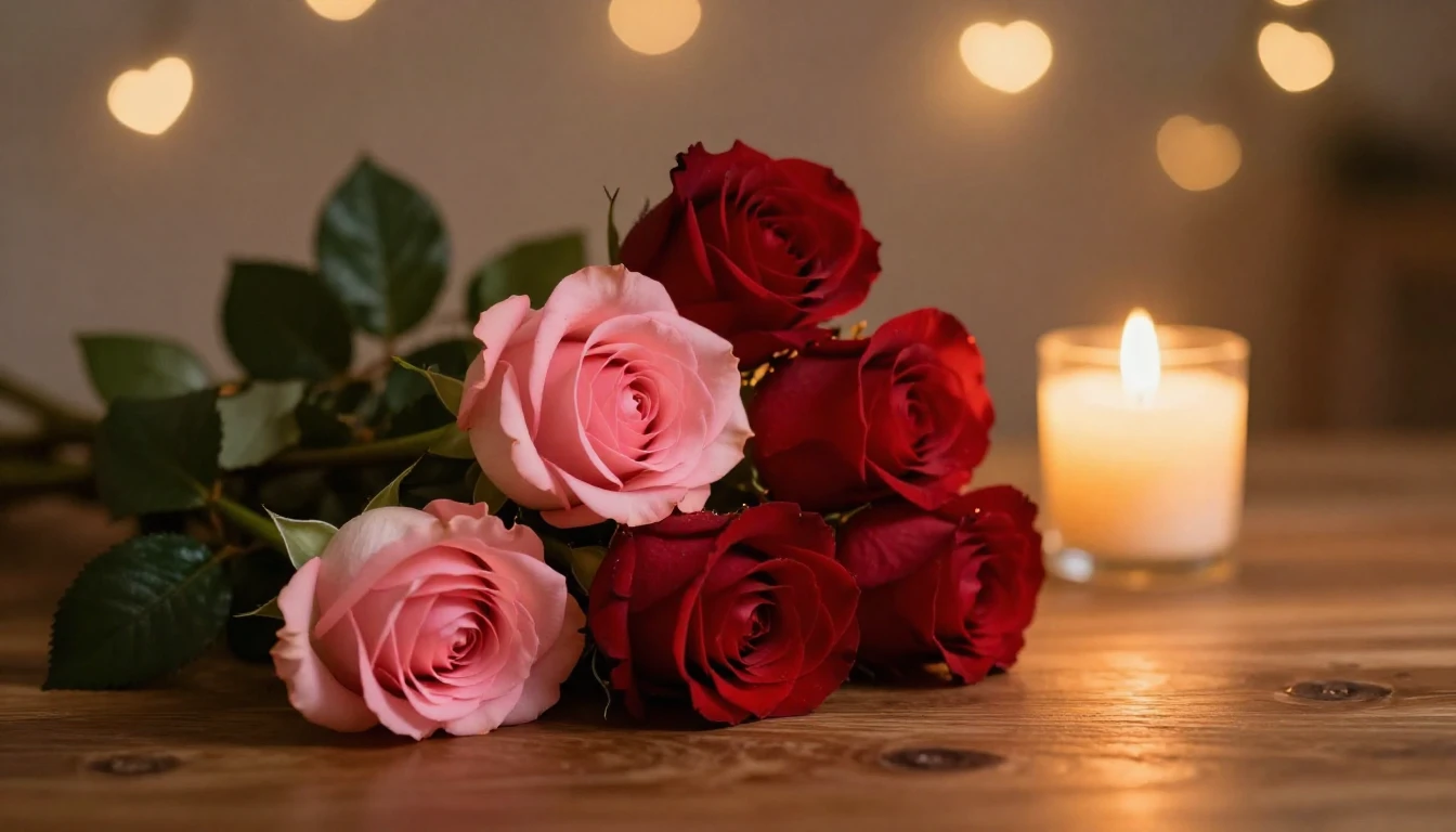 A romantic and serene scene featuring a bouquet of soft pink...