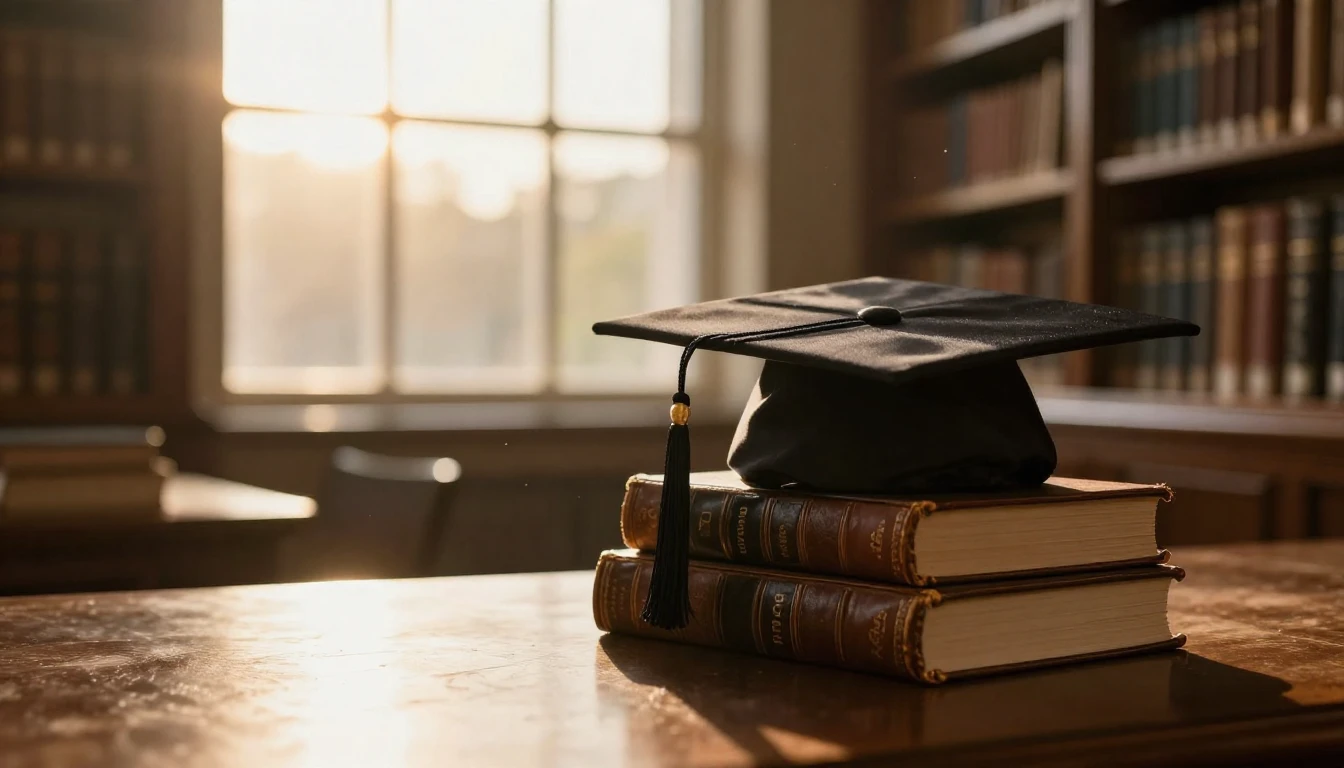 A wide-angle cinematic shot of a single graduation cap resti...