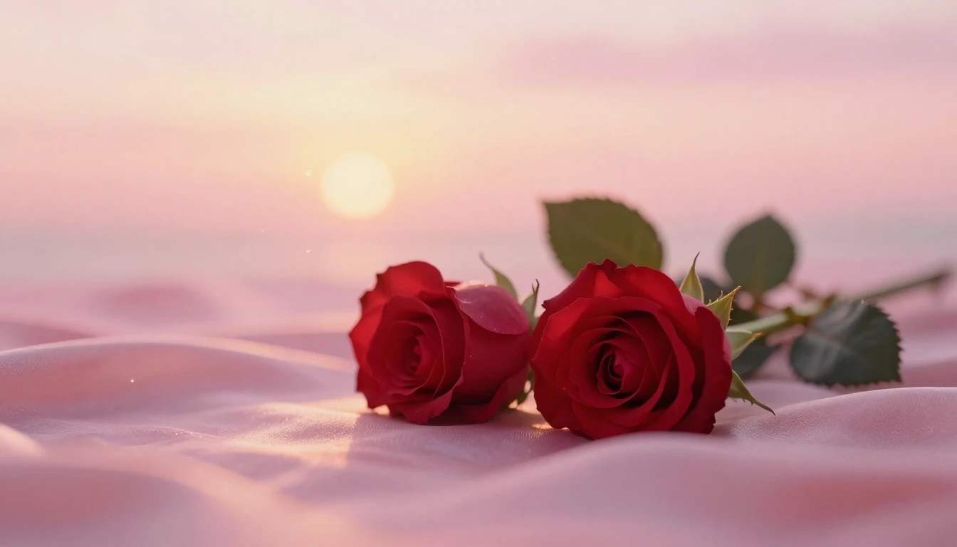 A beautiful and ethereal scene featuring two delicate red ro...