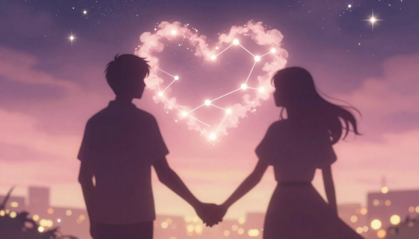A romantic digital art illustration featuring two silhouette...