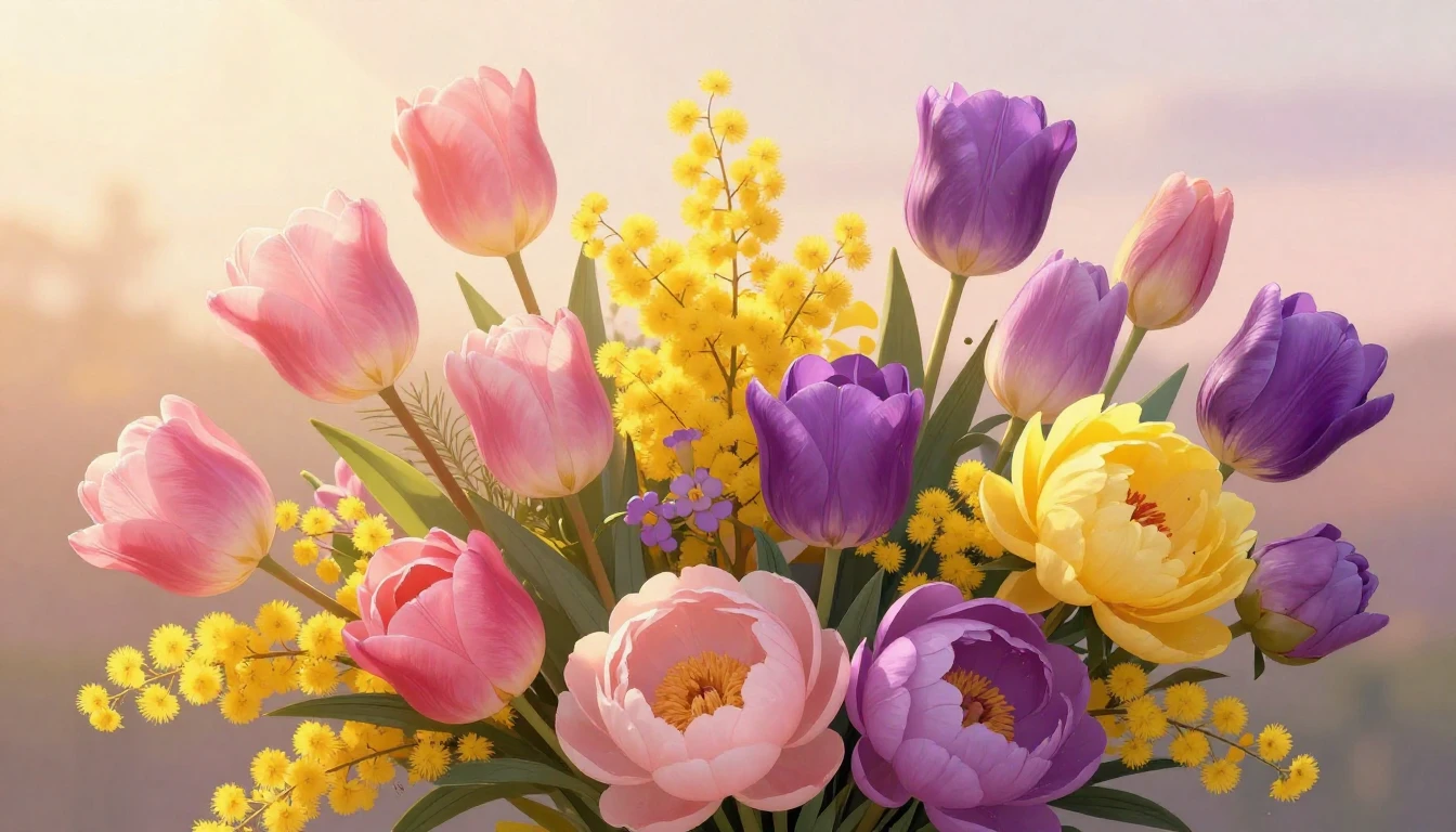 A vibrant digital art piece featuring a diverse bouquet of b...