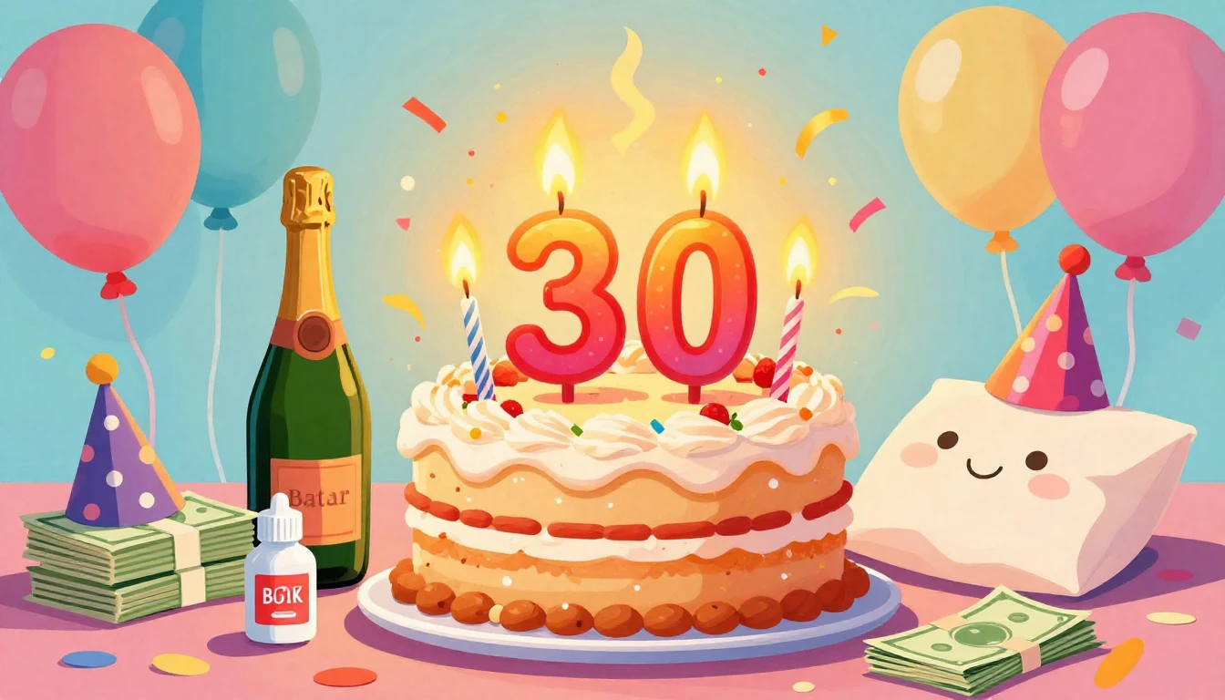 A humorous and colorful birthday illustration featuring a ch...