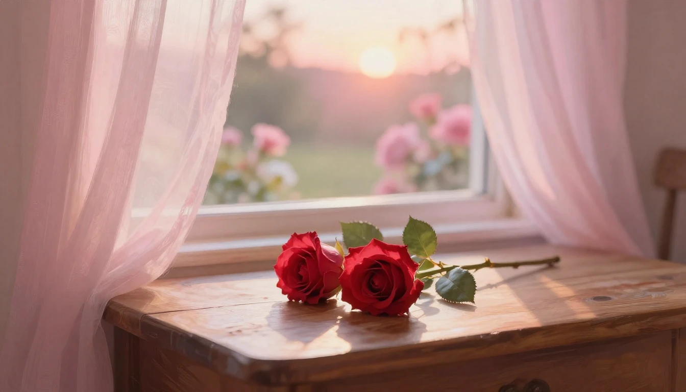 A dreamy and ethereal scene featuring two delicate red roses...