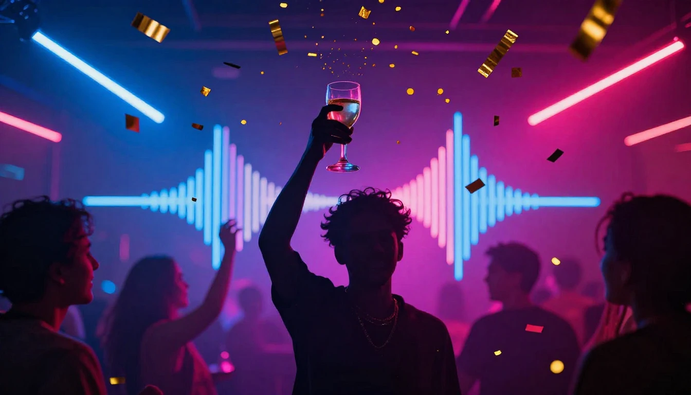 A vibrant and energetic party atmosphere, neon lights glowin...