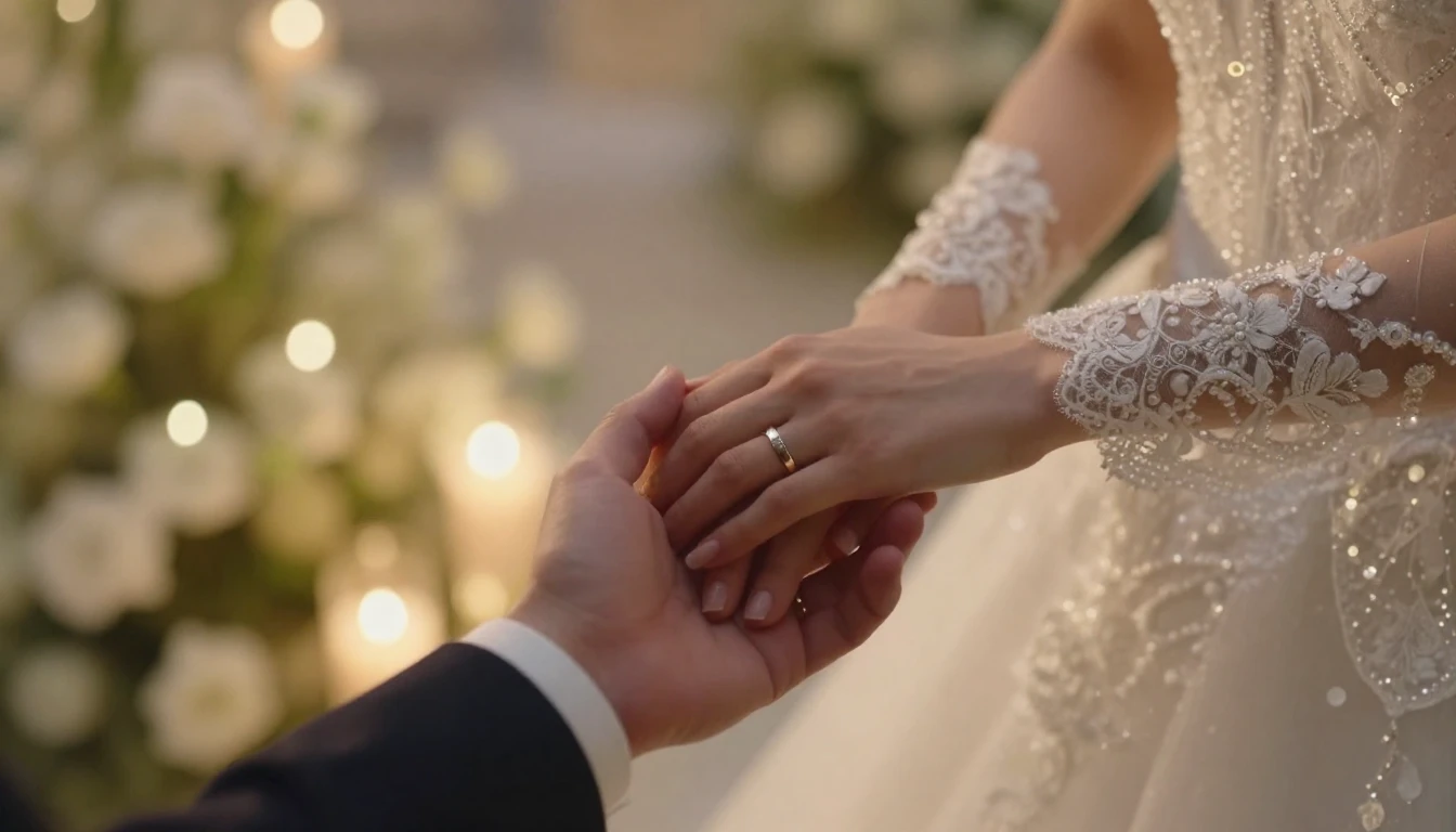 A cinematic close-up shot of a bride and groom holding hands...