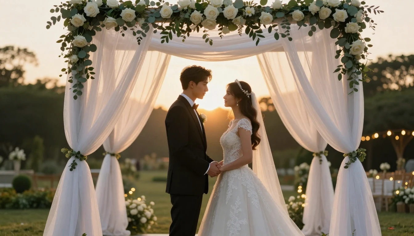 A cinematic, romantic wide shot of a bride and groom standin...