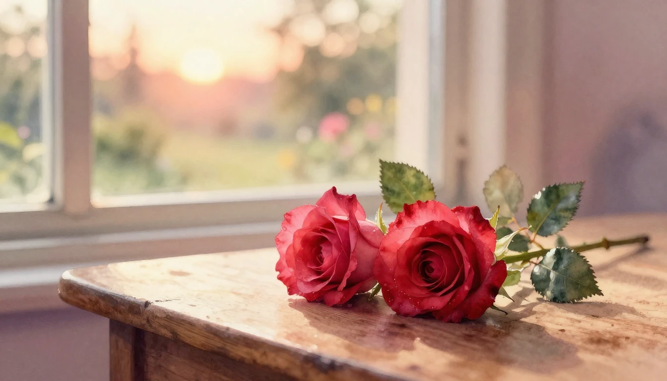 A delicate watercolor painting of two intertwined red roses ...