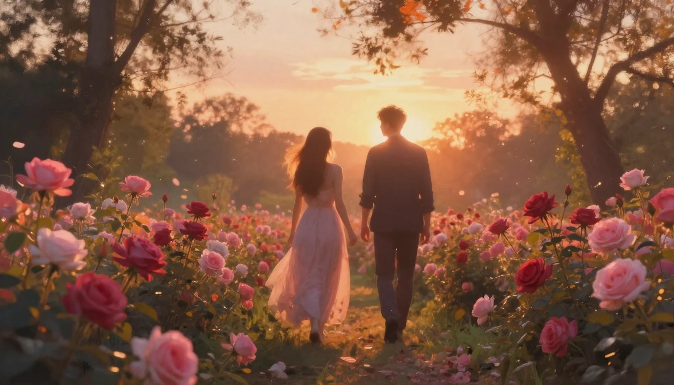 A dreamy and ethereal scene of two silhouettes walking throu...