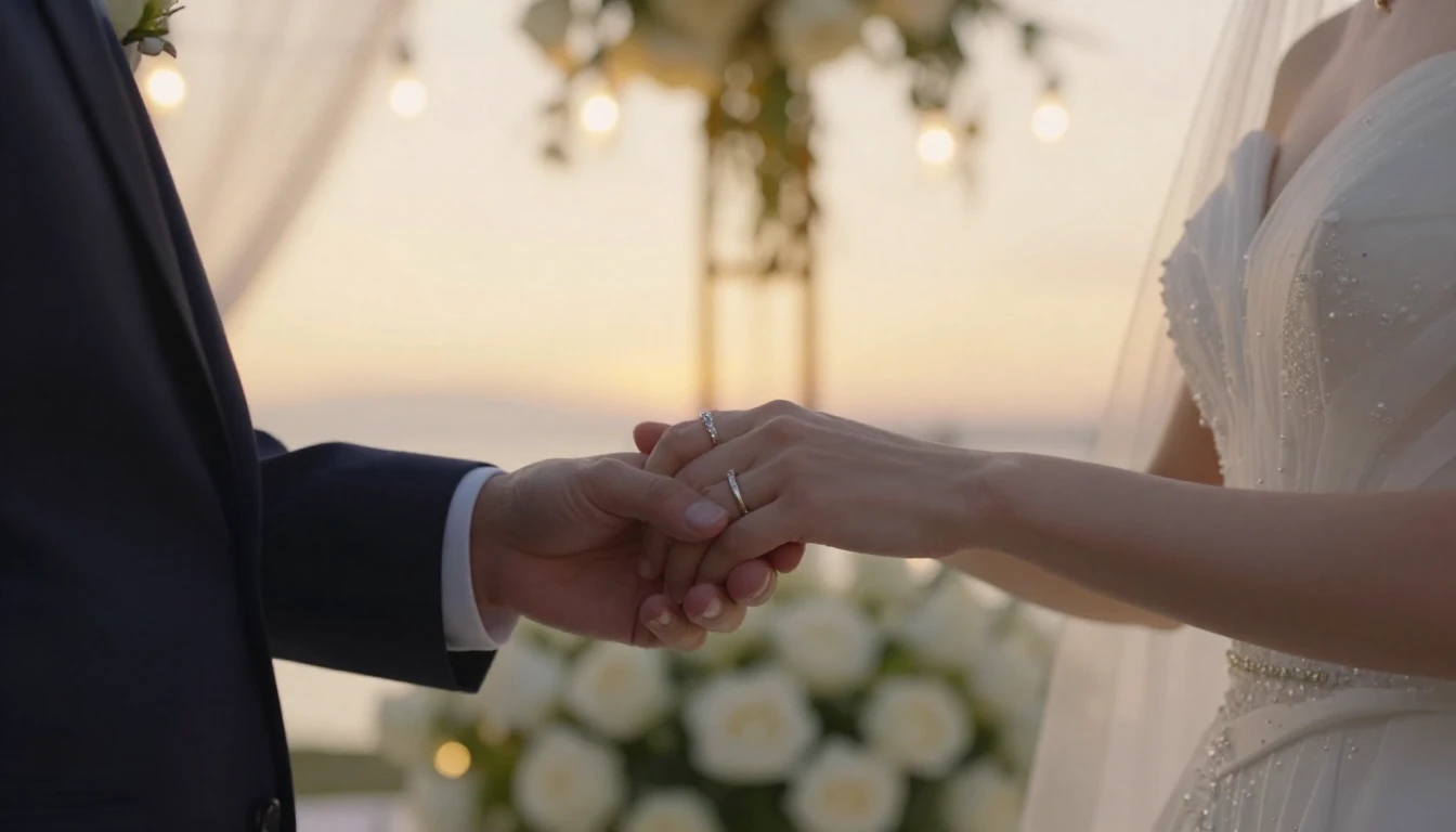 A cinematic close-up shot of a bride and groom holding hands...