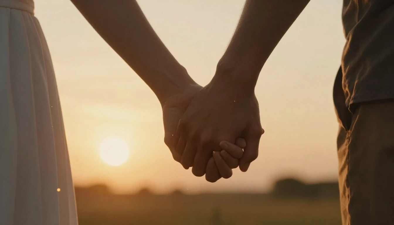 A romantic and emotional cinematic shot of a couple holding ...