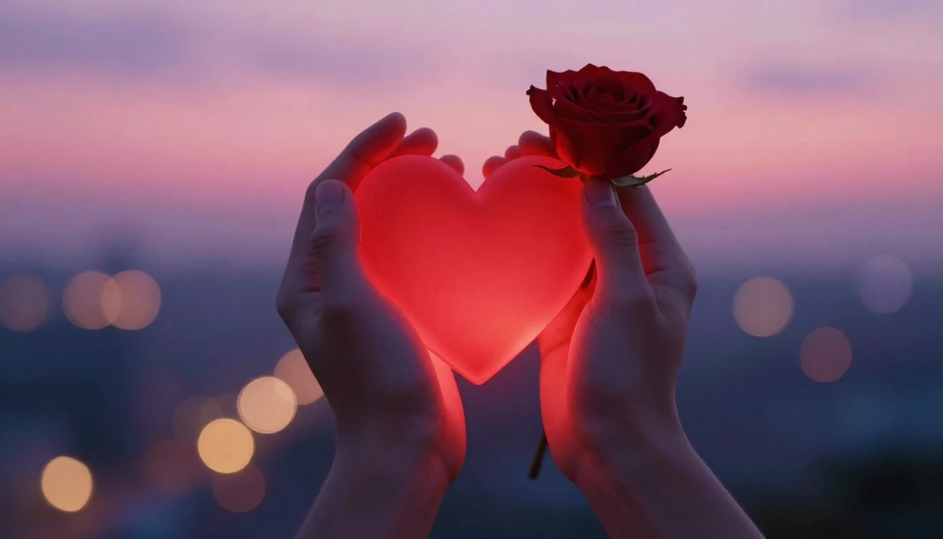 A romantic and dreamy scene featuring two hands gently holdi...