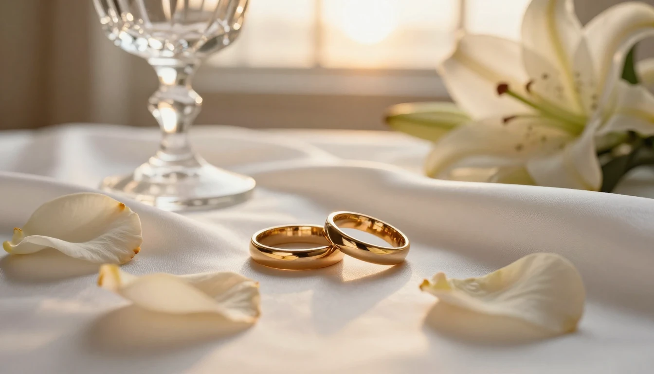 A close-up shot of two elegant gold wedding bands resting on...