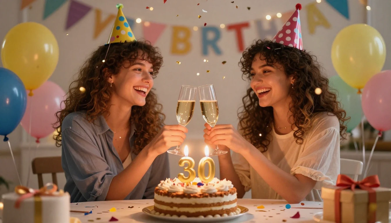 A vibrant and cheerful birthday celebration scene, two best ...