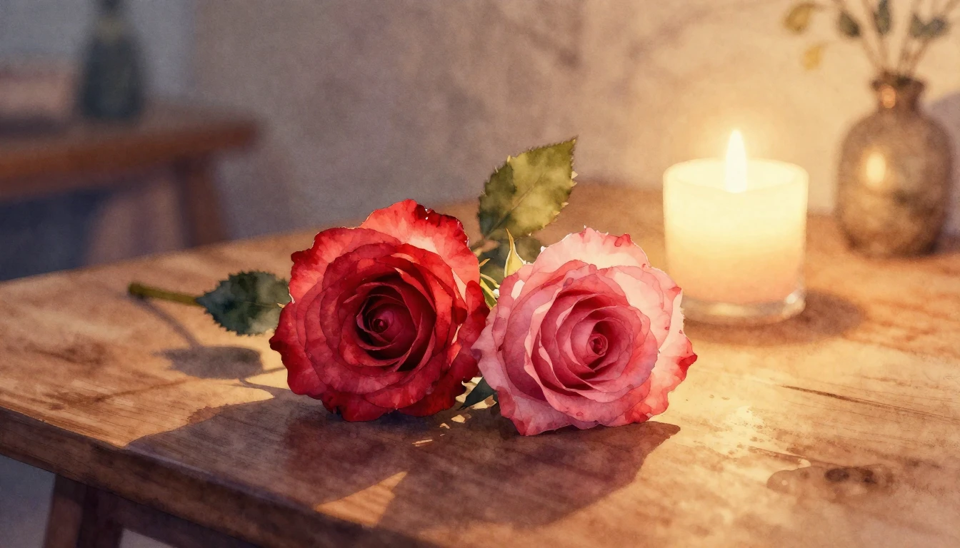 A delicate watercolor painting of two intertwined roses rest...