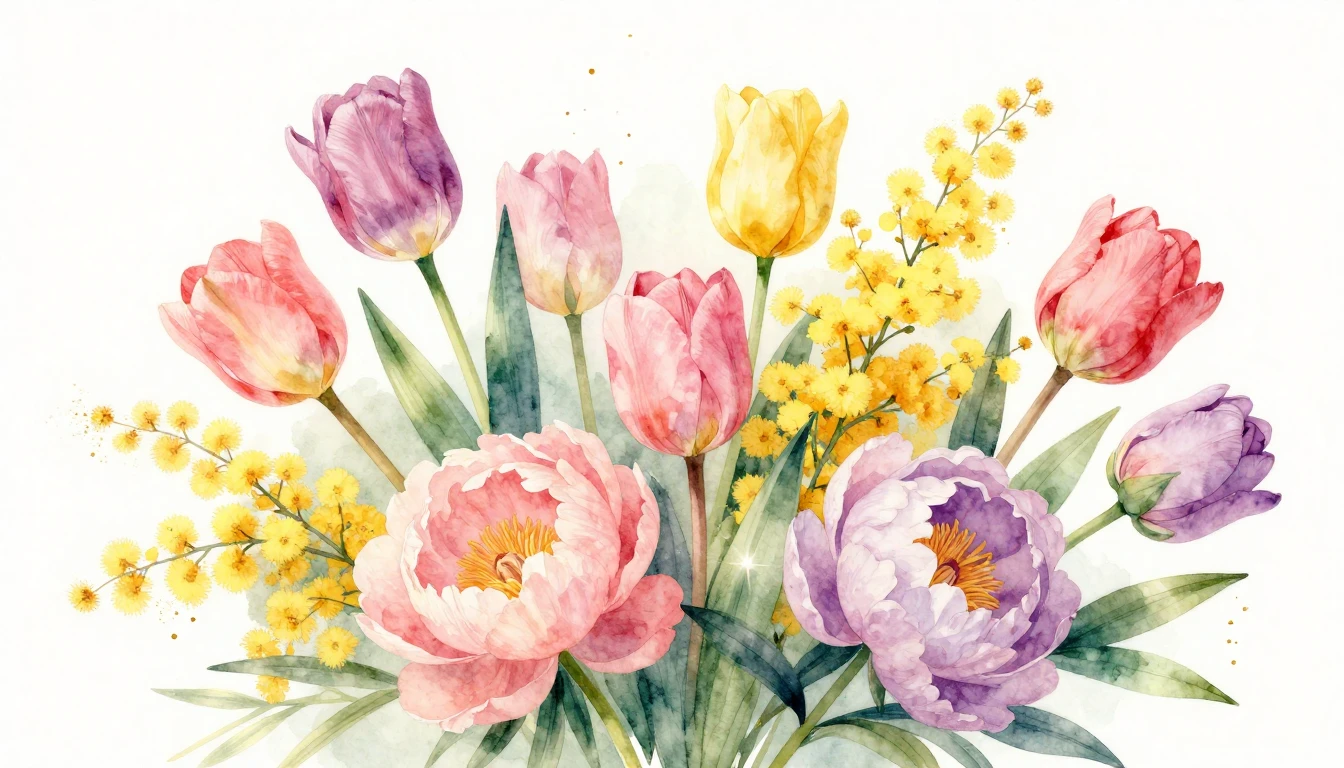 A vibrant and elegant watercolor painting featuring a lush b...