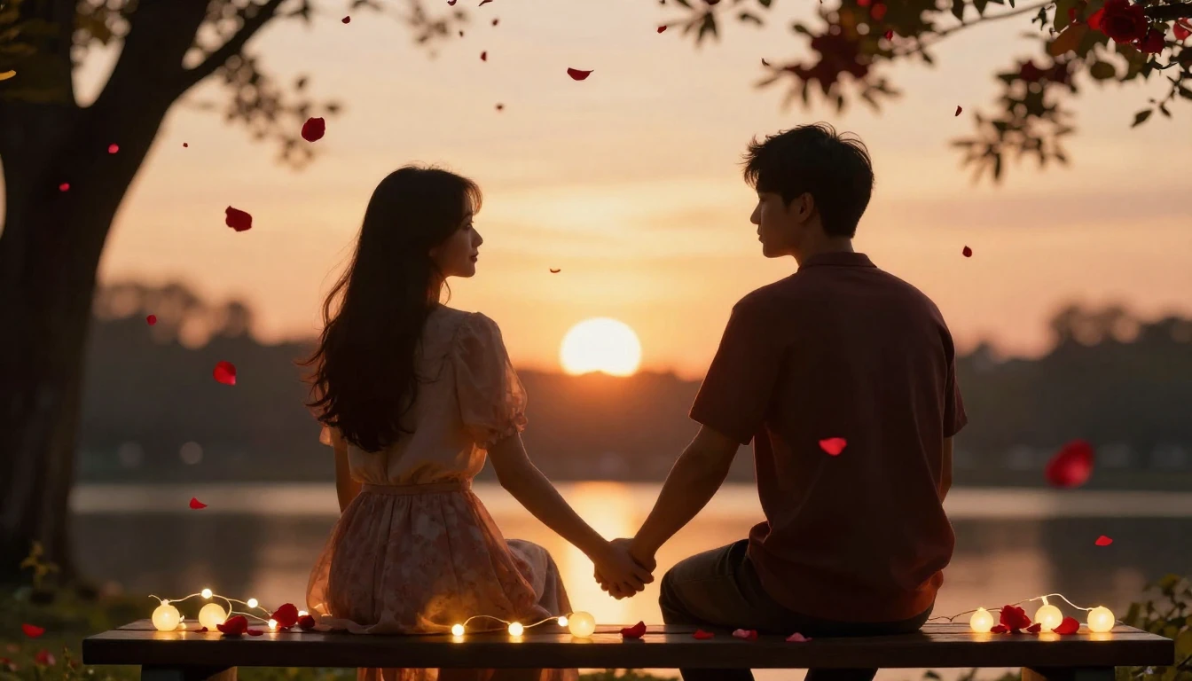 A cinematic and romantic scene featuring a silhouette of a c...