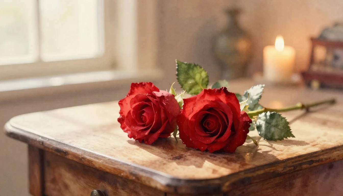 A delicate watercolor painting of two intertwined red roses ...