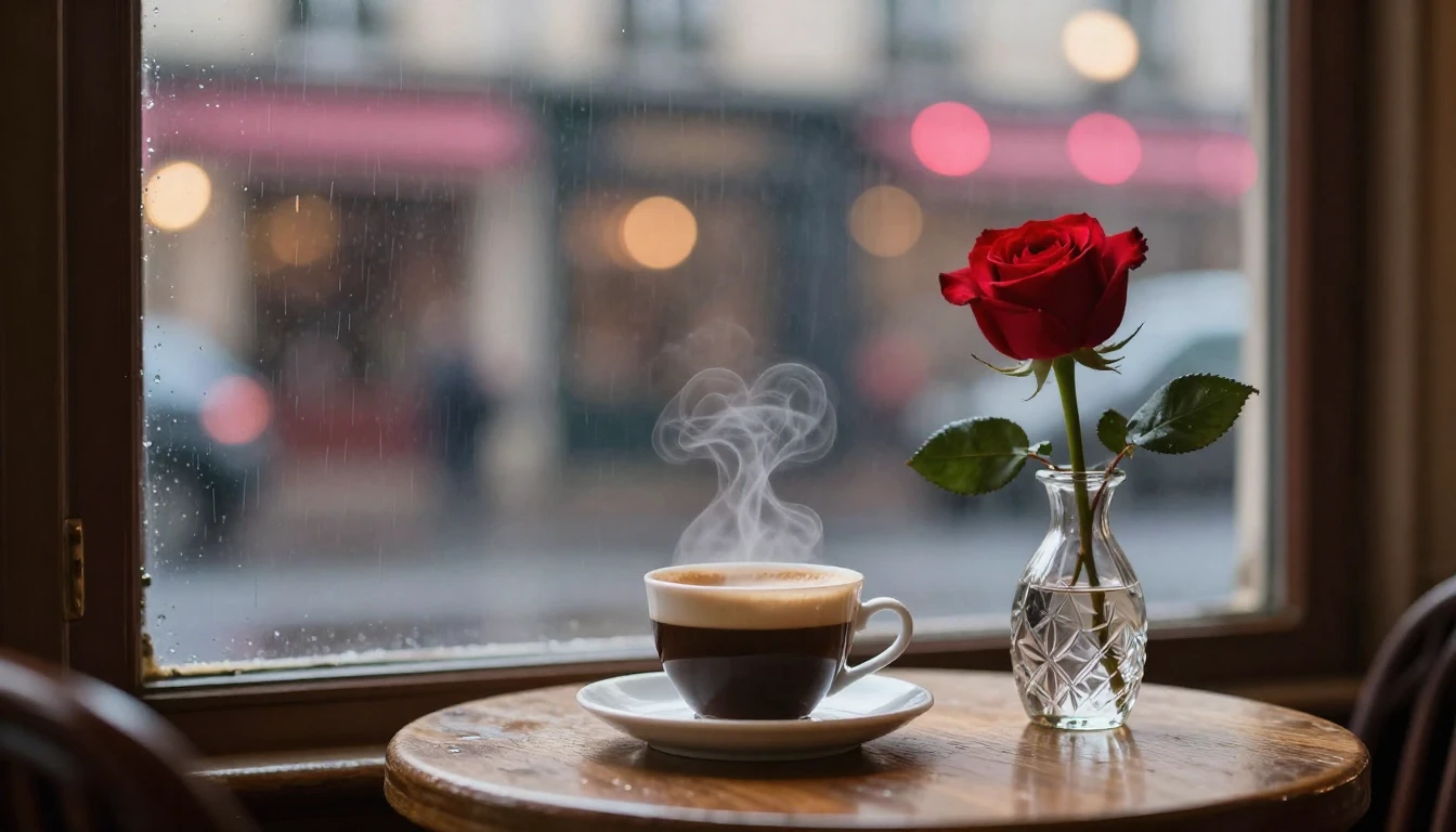 A romantic scene in a cozy Parisian cafe window view, rain s...