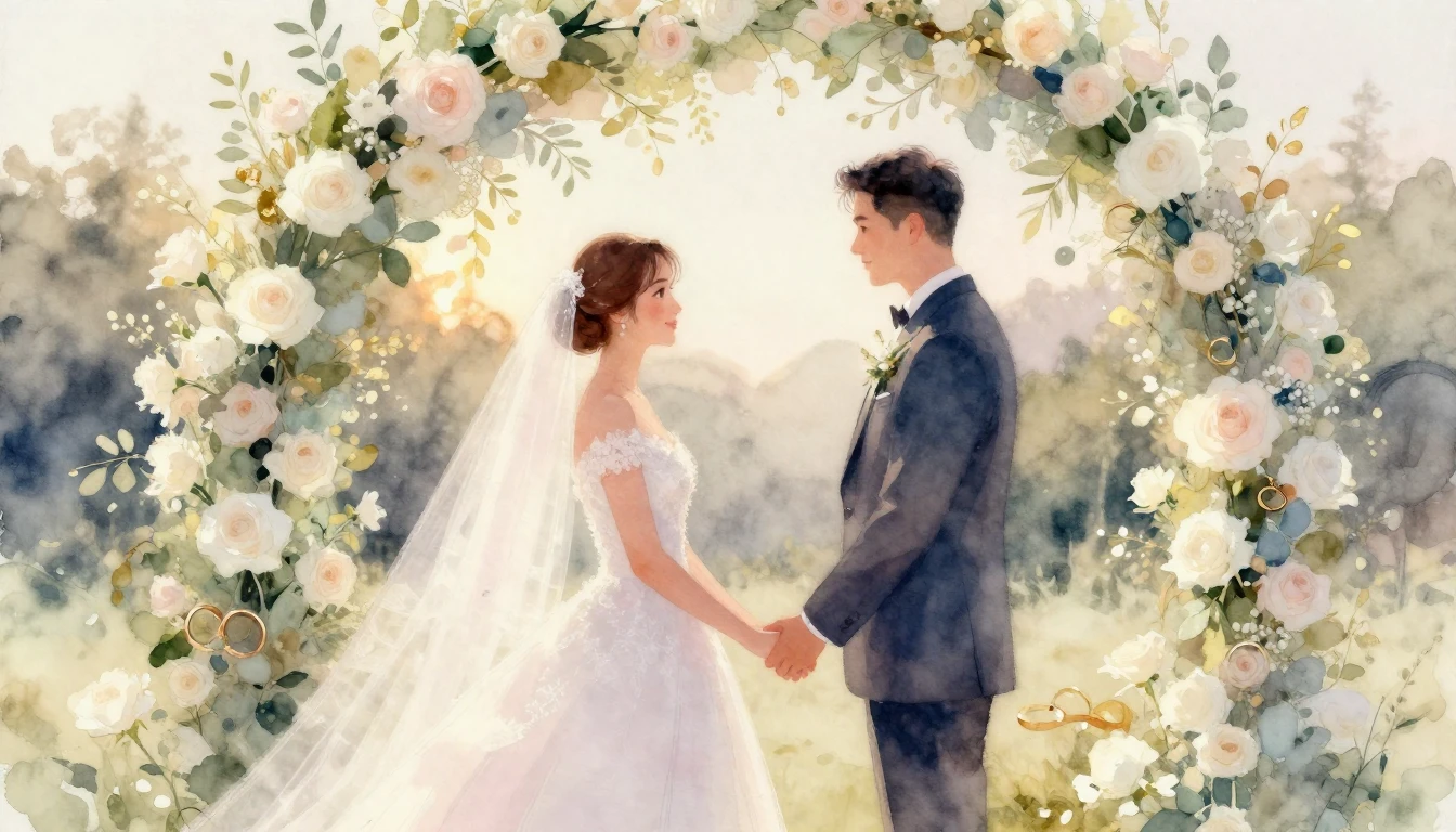 Soft and dreamy watercolor painting of a bride and groom hol...