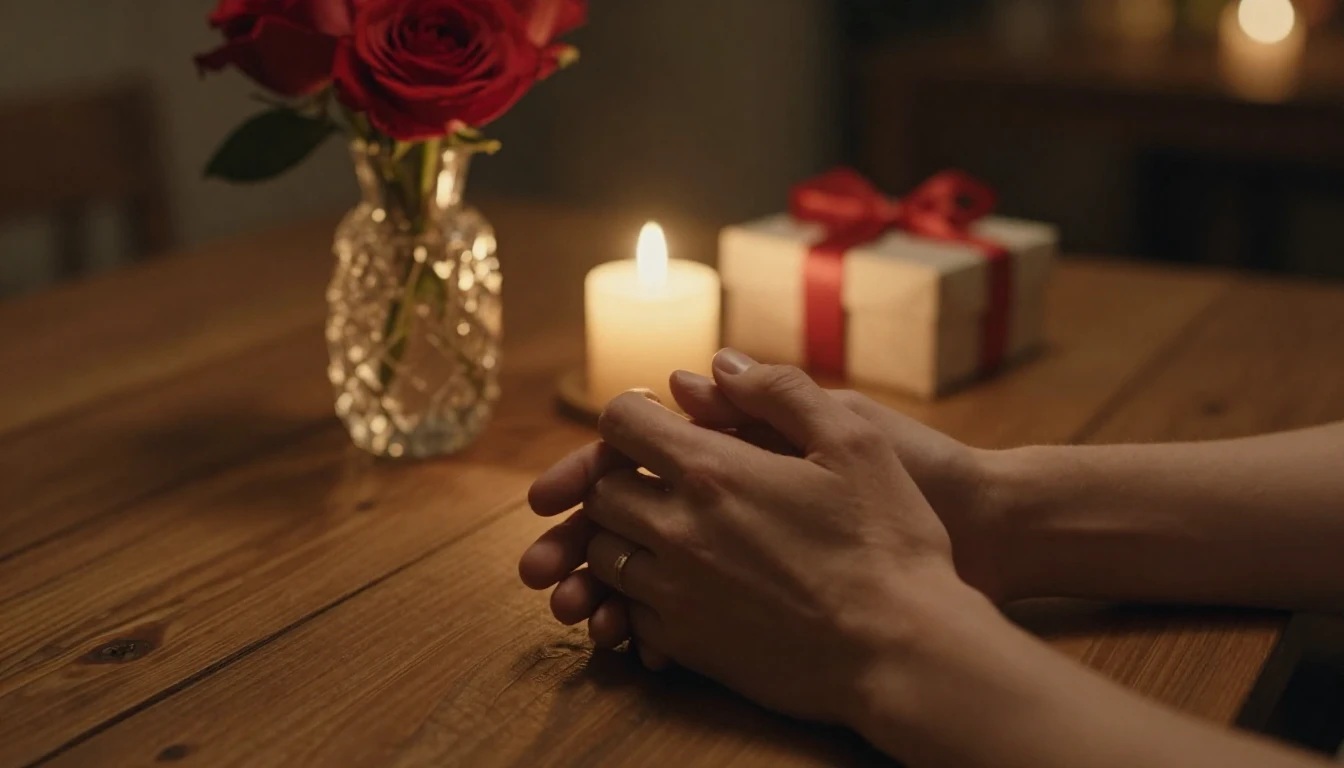 A cinematic close-up shot of a couple holding hands gently o...
