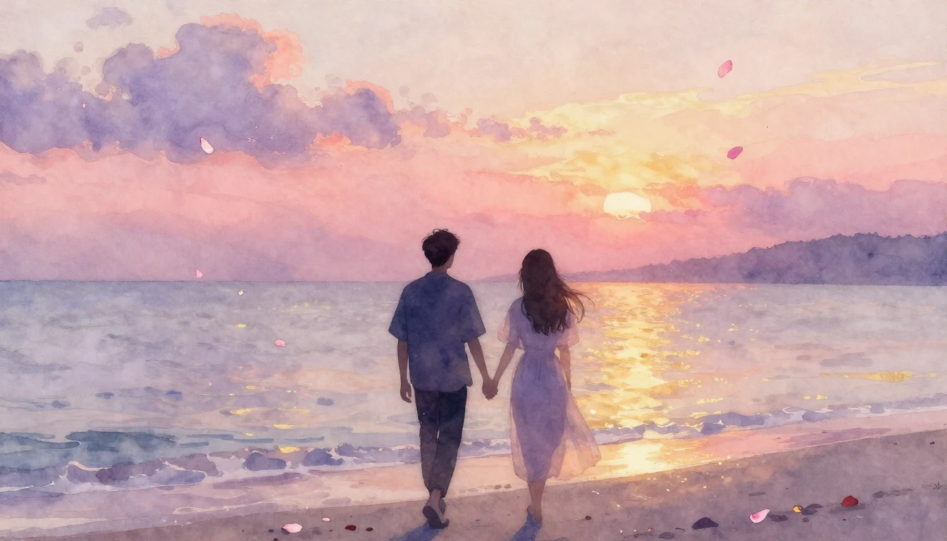 A dreamlike watercolor painting of two silhouettes walking h...