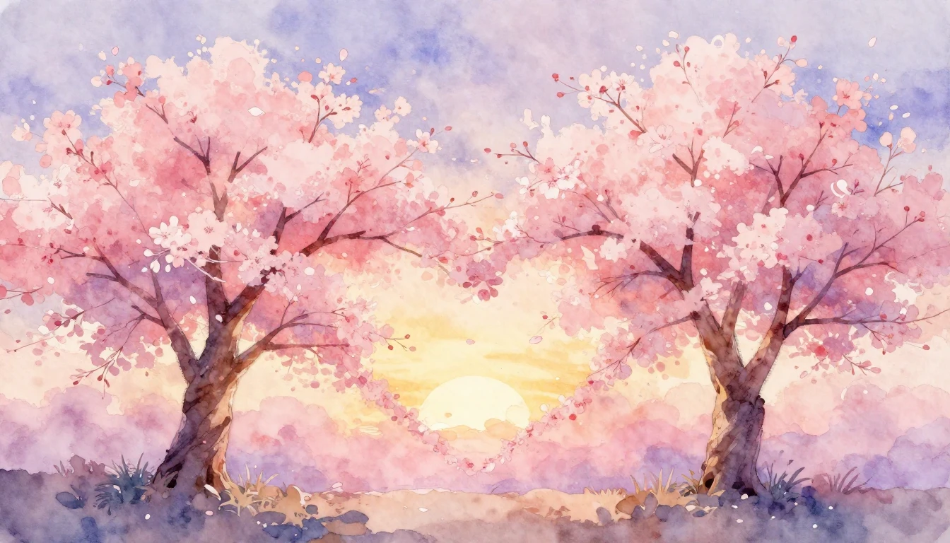 A soft watercolor painting of two intertwined cherry blossom...