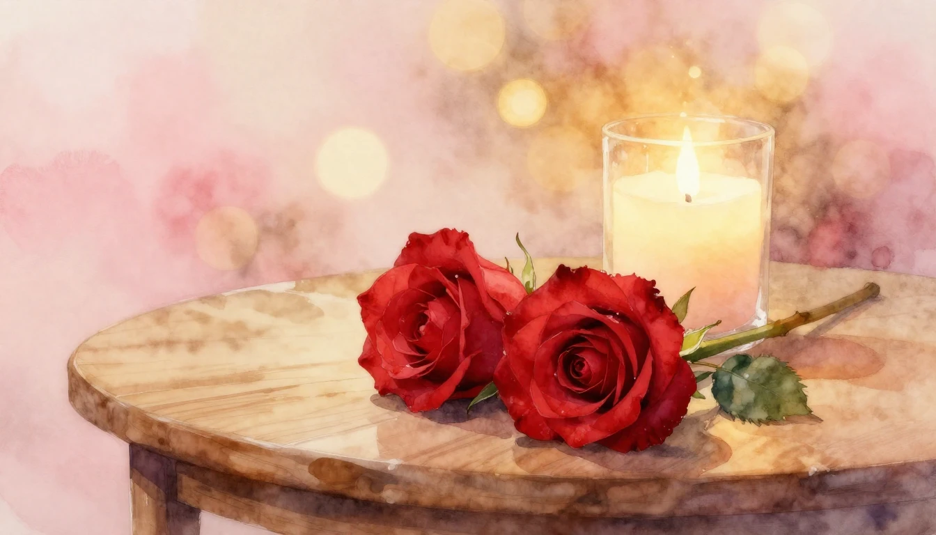 A soft watercolor painting of two delicate red roses resting...