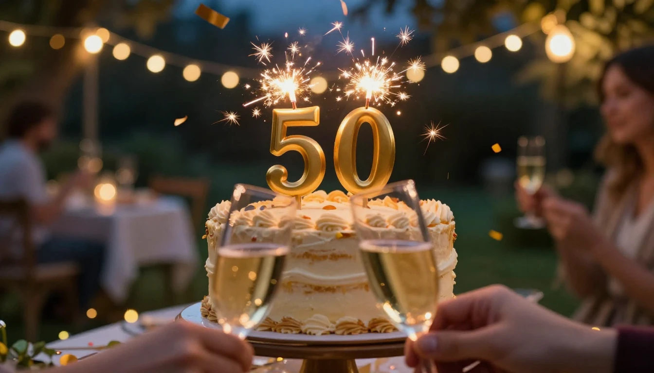A cinematic and festive close-up shot representing a 50th bi...