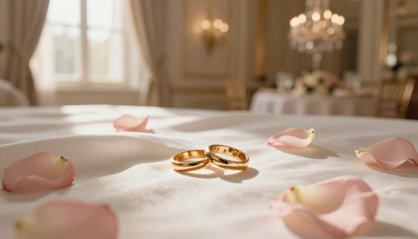 A luxurious and romantic setting featuring two golden rings ...