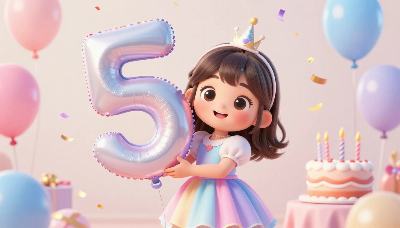 A cute 3D animated style little girl celebrating her fifth b...