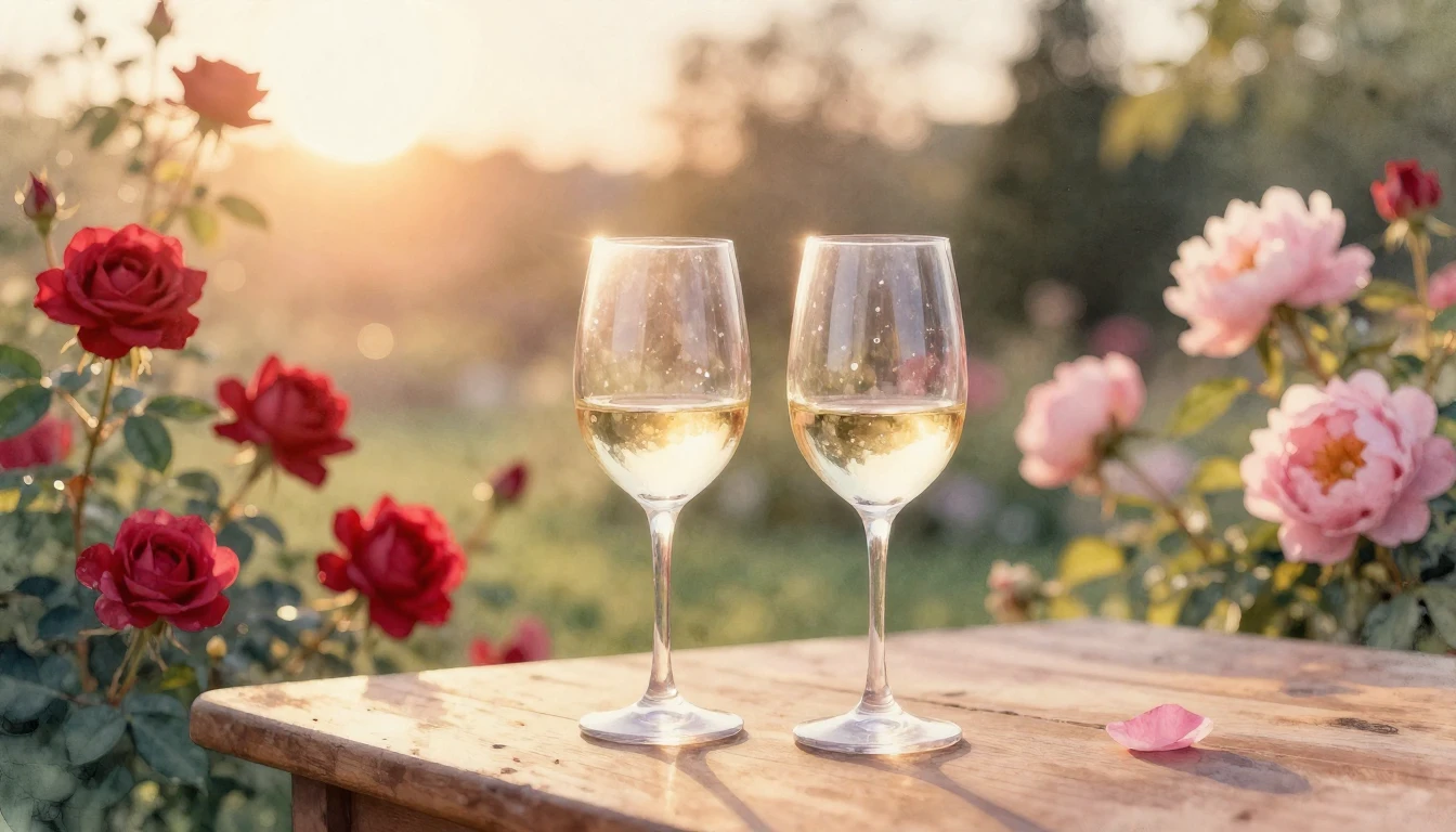 A soft watercolor painting of two elegant wine glasses sitti...