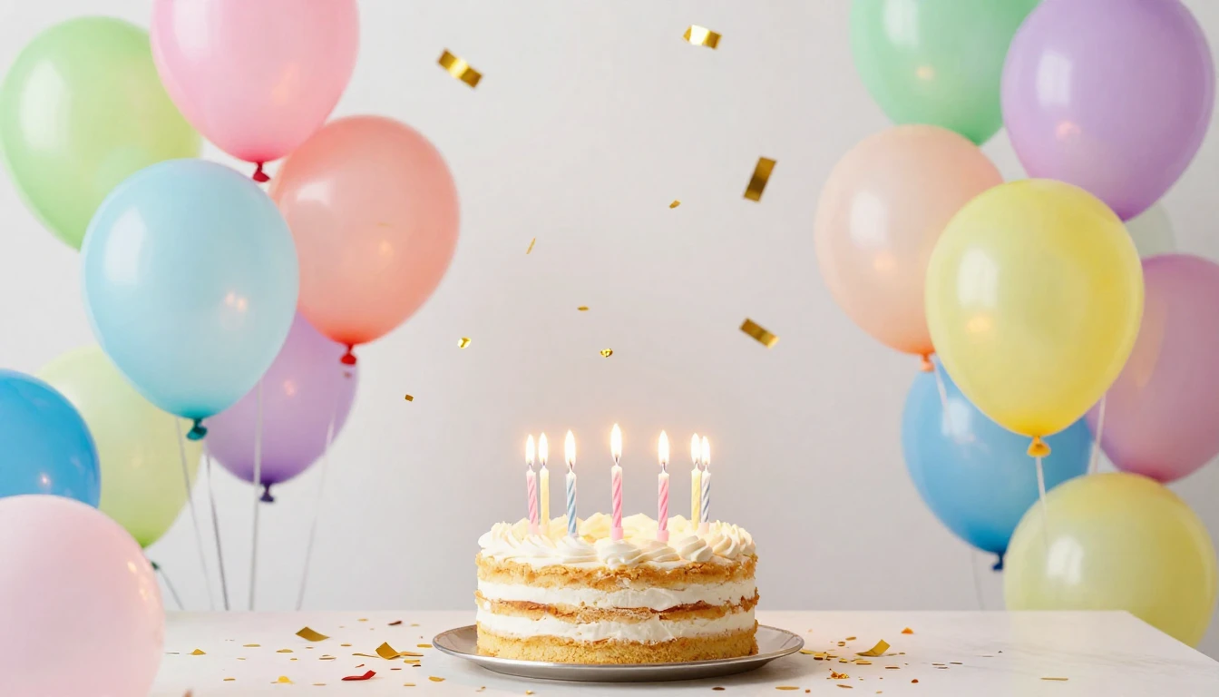 A vibrant and festive birthday scene, colorful balloons floa...