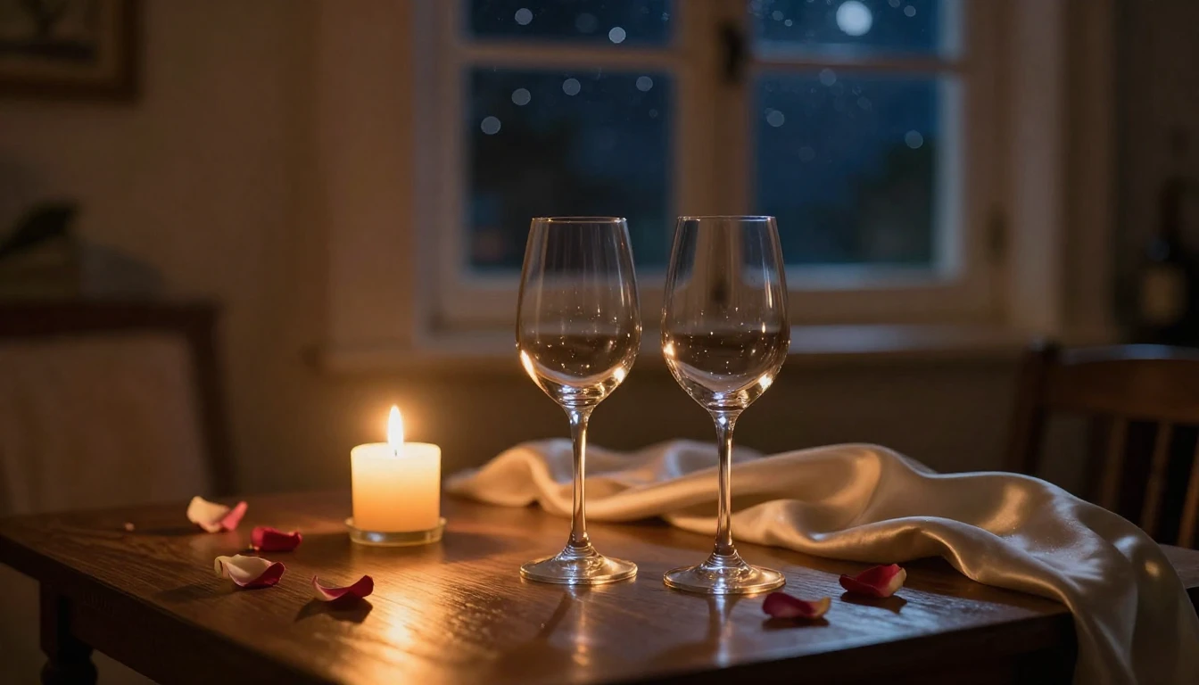 A cozy, dimly lit room during a peaceful evening. Two elegan...