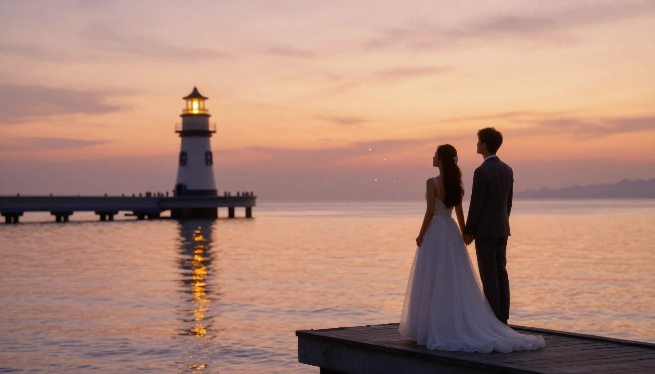 A romantic and atmospheric image of a newlywed couple standi...