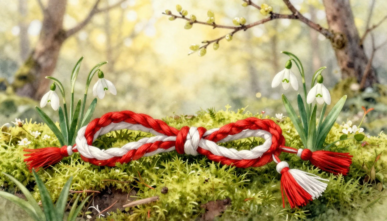 A delicate watercolor painting of a traditional Mărțișor sym...