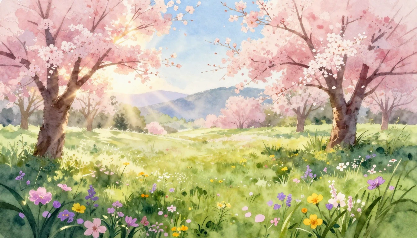A beautiful watercolor painting of a vibrant spring meadow a...