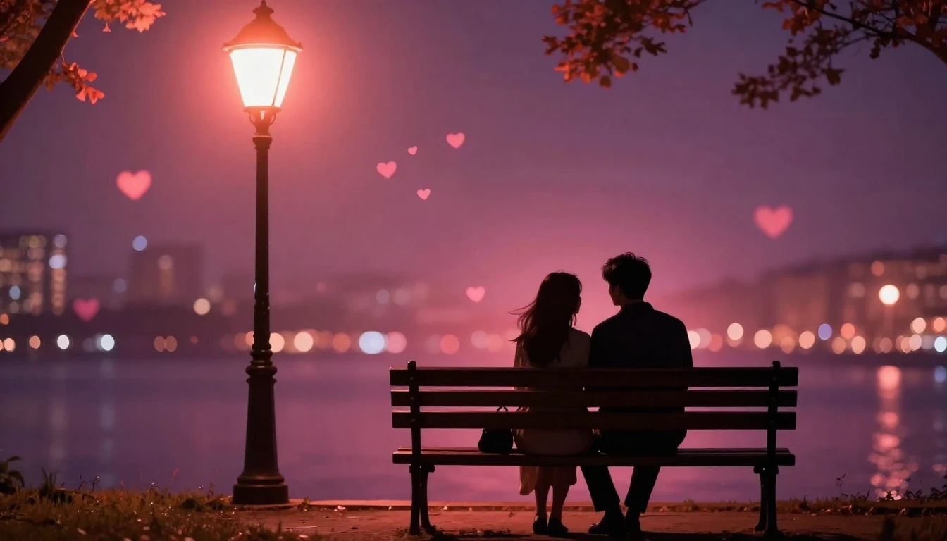 A romantic and dreamy scene featuring two silhouettes sittin...